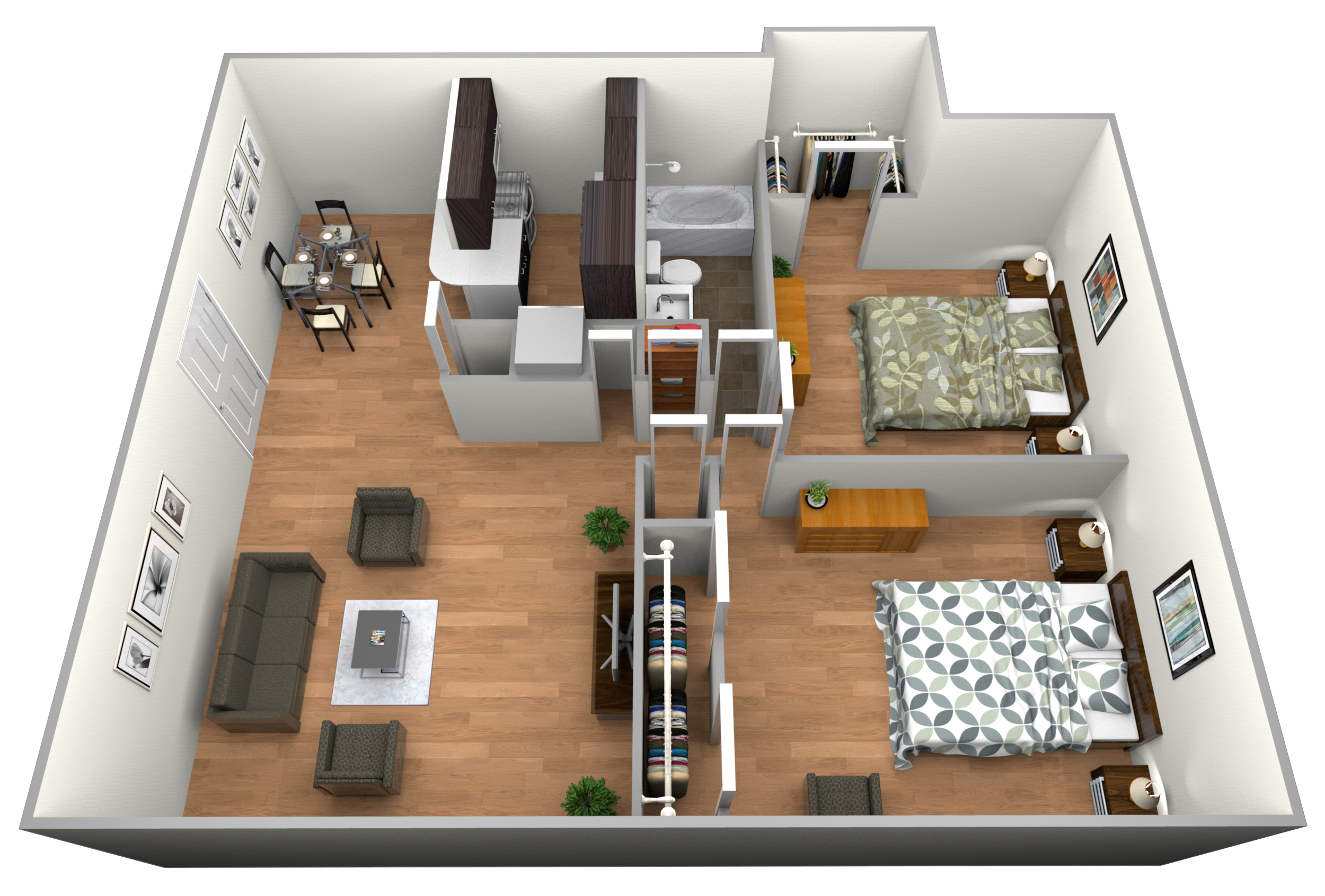 Floor plan for 2 beds, 1 bath, 900 sqft